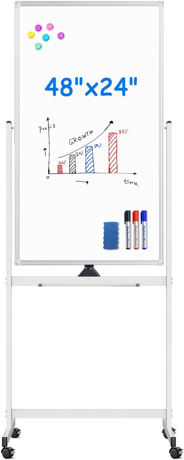 Magnetic Mobile White Board, 48 x 24 Double Sided Dry Erase Board Rolling