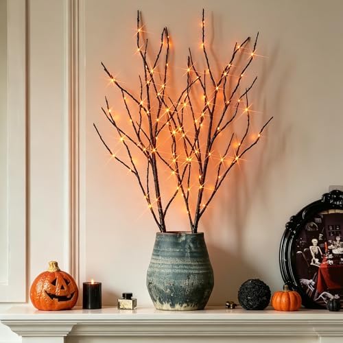 Hairui Lighted Halloween Tree Branches with Timer 32IN 100L Orange Fairy Lights, Black Twig Branch Lights Battery Operated or Indoor Outdoor Halloween Party Decoration