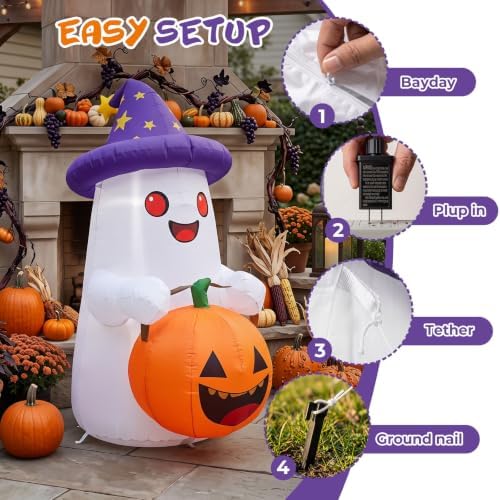5 FT Halloween Inflatables Decor, Cute Inflatable Ghost with Pumpkin, Built-in 2 LEDs for Halloween Garden, Patios & Indoor Parties Party Decoration