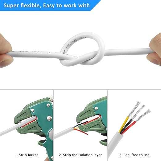 18 Gauge 3 Conductor Electrical Wire, 100FT White Stranded Low Voltage 18/3 PVC