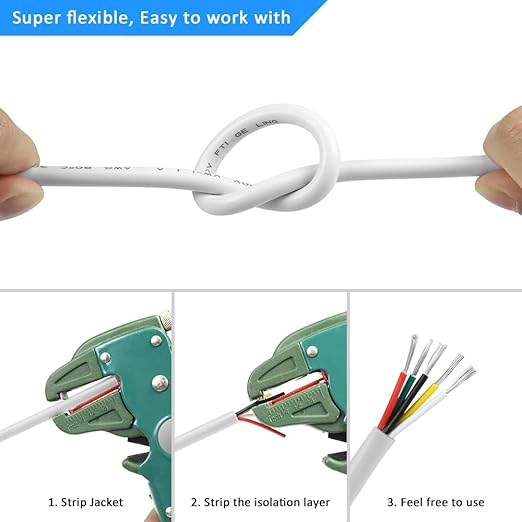 20 Gauge 5 Conductor Electrical Wire, 65.6FT White Stranded Low Voltage 20/5