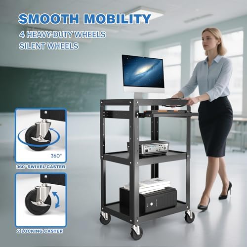 POCHAR Steel AV Cart on Wheels - Rolling Projector Cart with Height Adjustable Shelf, Pullout Keyboard Tray, Power Strip, Cord Management - Mobile Media Carts Computer Workstation for Office Classroom