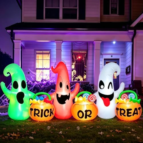 8 Ft Halloween Inflatable 3 Ghosts with Trick or Treat Pumpkin Candy Bags