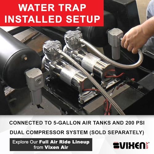 Vixen Air 3/8" NPT Aluminum Air Filter/Water Trap/Separator for Air Ride/Suspension/Air Tools w/Remote Drain Kit Black VXF3938BR
