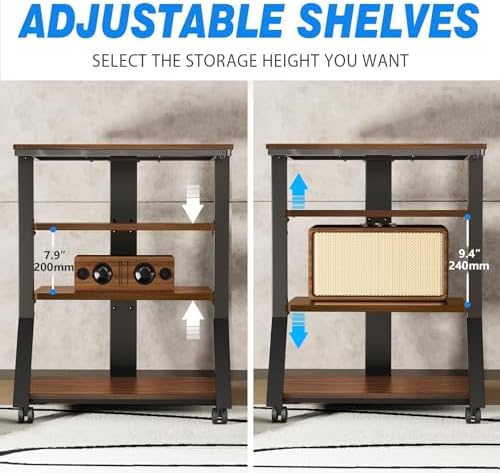 Rfiver 4-Tier AV Media Stand with Wheels, Mobile Rack Audio Tower with Height Adjustable Shelves, Wooden Stereo Racks and Stands, Stereo Stand for Record Player, TV Box, Corner Entertainment Center