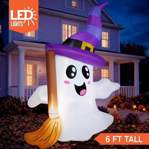 JOYIN Halloween Inflatables Ghost Outdoor Decorations, Cute Blow Up Ghost Holding Broom with LED, Blow Up Yard Decorations for Halloween Outdoor Yard Garden Lawn Party Decor