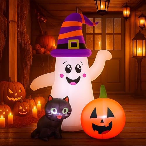 5 FT Halloween Inflatables, Cute Ghost with Pumpkin Black Cat Blow Up