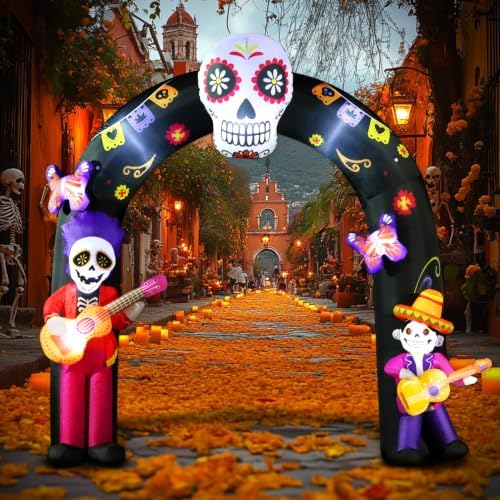 DomKom 8FT Halloween Inflatable Blow Up Decorations Archway, Day of the Dead Inflatable Arch, Dia De Los Muertos Yard Decorations, Sugar Skull Guitar Skeleton, Built‑in LED Lights, Outdoor Lawn Garden