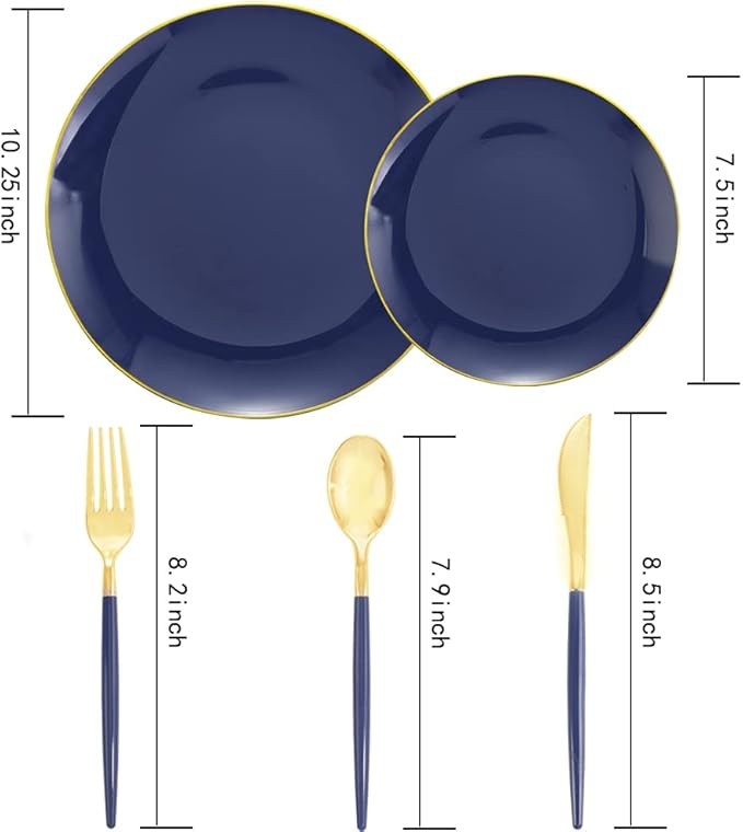 Liacere 150PCS Blue Plastic Plates - Gold Plastic Silverware with Blue Handle - Navy Disposable Plates Include 30 Guests Plates,Forks,Spoons,Knives for Wedding & Party & Halloween