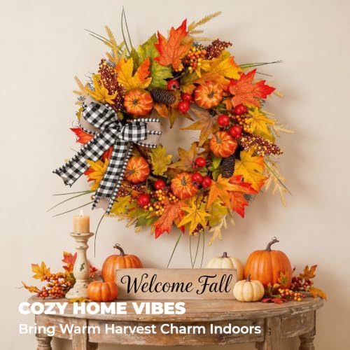 24" Fall Maple Leaf Wreath for Front Door with Buffalo Check Bow - Rustic Autumn Harvest Wreath with Orange Pumpkins, Pinecones and Berries - Farmhouse Thanksgiving Halloween Outdoor Decor