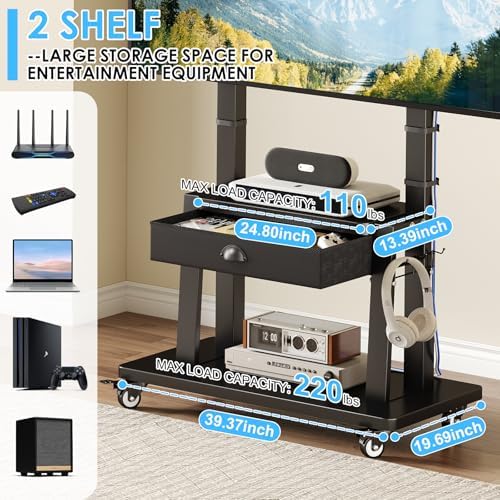 Mobile TV Stand on Wheels for 42-100 inch TVs up to 330lbs, Rolling TV Cart with Drawer & 2 Shelves, Adjustable Height, Portable TV Stand for Indoor Outdoor, Max VESA 600x900mm