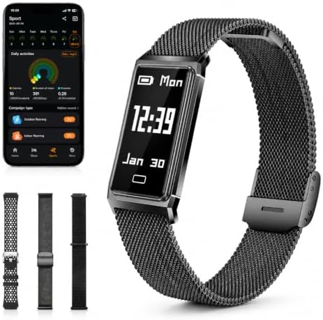 fitness tracker with heart rate & sleep tracking shown in use