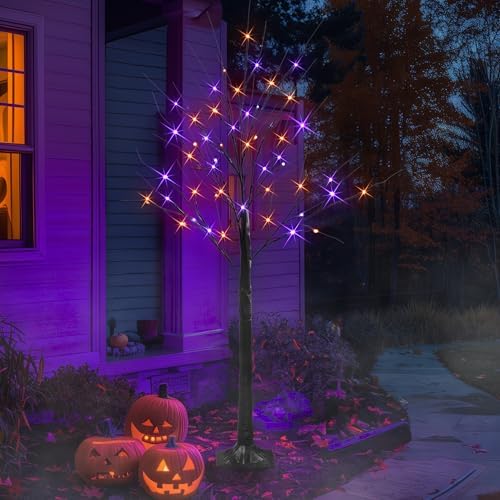 Dazzle Bright 2 Pack Halloween Lighted Up Birch Tree, Total 96 LED Purple and Orange Fairy Lights with Timer, Waterproof for Indoor Outdoor Home Party Halloween Decoration