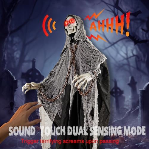 Halloween Skeleton With LED Red Glowing Eyes, Sound & Touch Activated Motion, Audio & Swaying Body, Adjustable Joint Arms for Theme Party, Yard, Lawn, Indoor Outdoor Display Gray Clothes