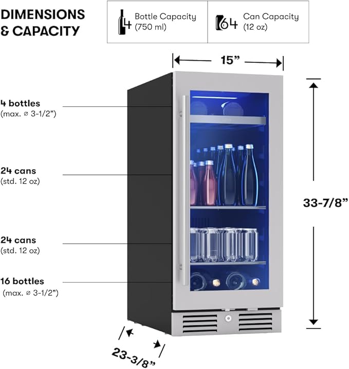 Zephyr Presrv 15" Slim Wine Fridge & Beverage Refrigerator Single Zone Under