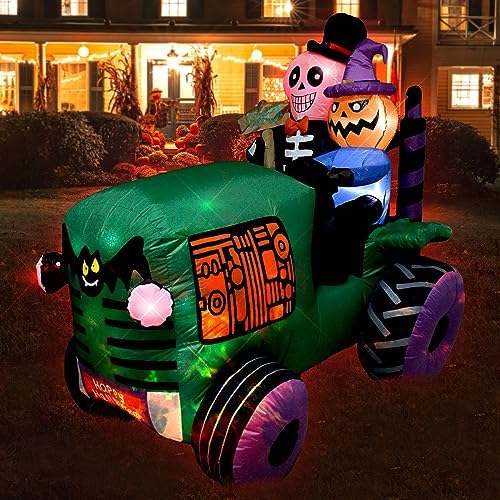 5.5Ft Long Halloween Inflatable Ghost Tractor Decoration with LED Lights