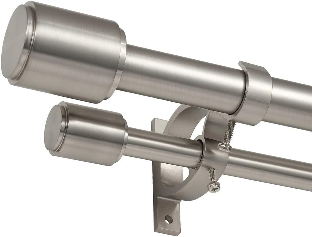 Double Curtain Rods Brushed Nickel, Double Drapery Rod 36-72 Inch, Heavy Duty 1 Inch Front and 5/8 Inch Diameter Back Adjustable Dual Curtain Rod with Cap Finials