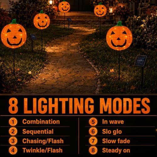 4Pack Solar Halloween Pumpkin Stake Light with 8 Lighting Modes, Fabric Lantern Yard Decor with Metal Stand, Foldable Pumpkin Garden Lights for Lawn, Patio, Pathway, and Halloween Party Decorations