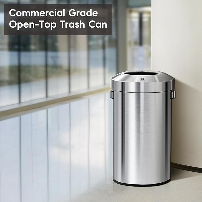 EKO 16-Gallon Round Stainless Steel Open Top Trash Can, Large Commercial Waste