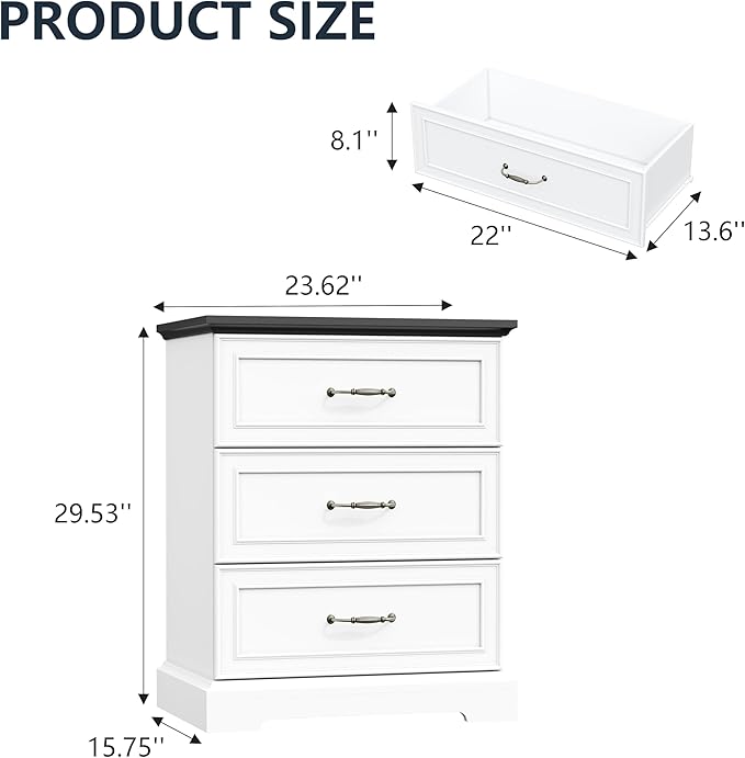 Nightstand with 3 Large Drawers, Rustic Farmhouse Wood Small Dresser, Bedside