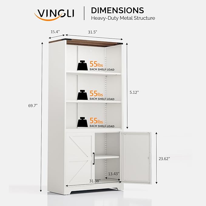 VINGLI Bookcase with Doors and Adjustable Shelves, Steel 70" Tall Bookshelf