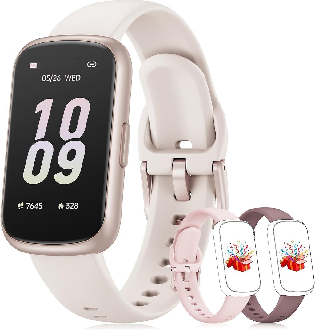 Fitness Tracker with 24/7 Heart Rate Monitor, Sleep Tracker - 3 ATM Waterproof Fitness Watch Calorie Step Counter Smart Watch Includes 3 Sport Bands for Android iOS Women Men, Mystic Rose/Starlight