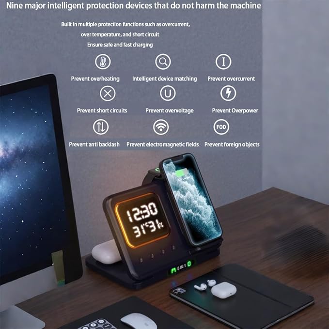 IHAO 5in1 Multi Functional Wireless Charging Station Digital Clock 15W Fast