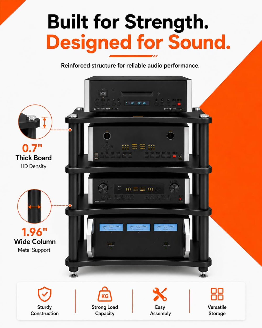 Heavy Duty 4-Tier AV Media Stand, 352 lb Load Capacity, Black
