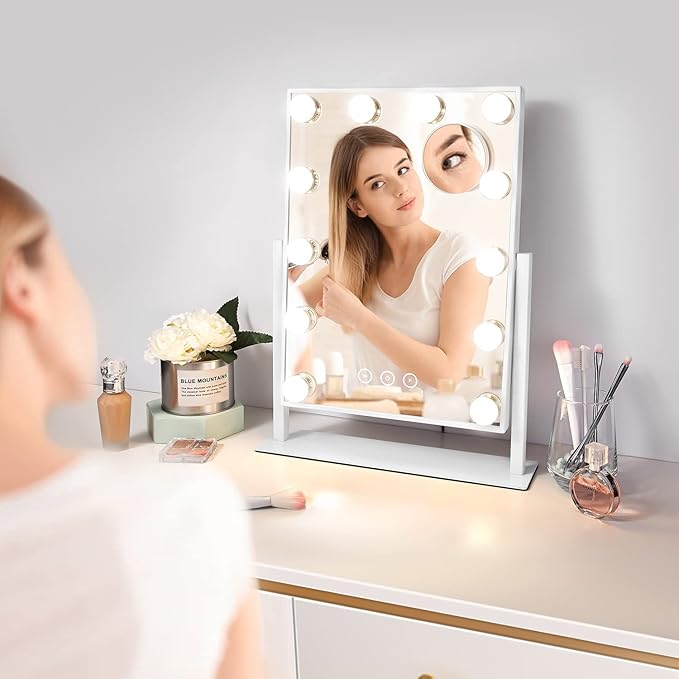 Vanity Makeup Mirror with Lights, 3 Color Lighting Modes Detachable 10X