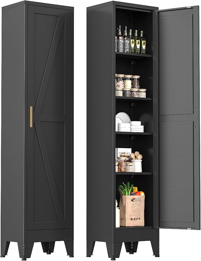 Narrow Metal Cabinet with 4 Adjustable Shelves and Barn Doors, Tall Bathroom