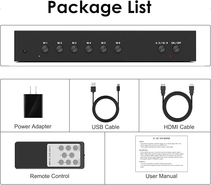 Arector 6 Port RCA to HDMI, 1080P/720P 6 Way AV to HDMI Converter Composite