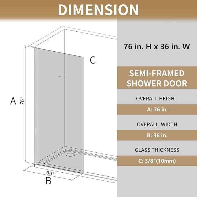 36"x76" Fixed Glass Shower Door, 3/8" Thick Mid-Band Frosted Privacy Tempered