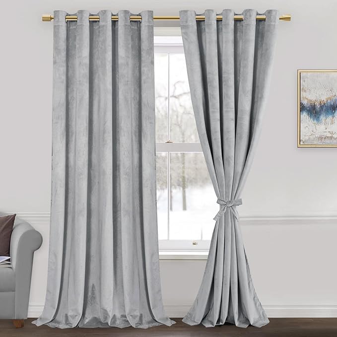 JIUZHEN Soft Silver Grey Velvet Curtains 96 inch Long, Room Darkening Smooth