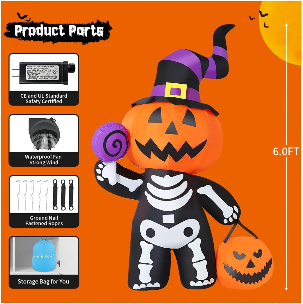 GOOSH 6 FT Halloween Inflatable Pumpkin Skull Body Outdoor Decorations Blow Up Yard Pumpkin with Built-in LEDs for Garden Lawn Party Decor