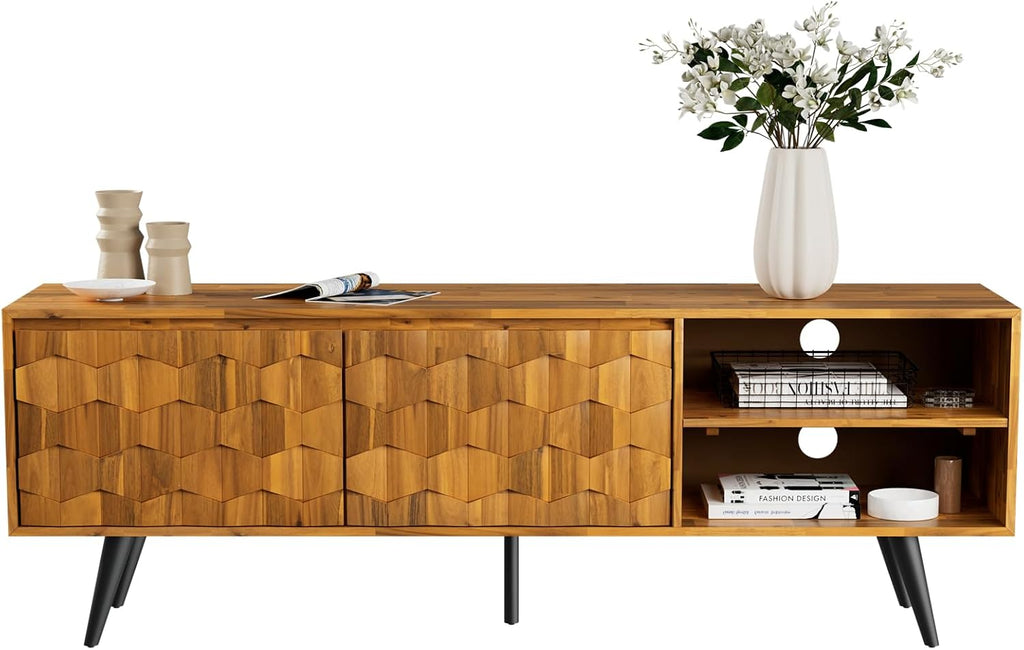 Bme Georgina Solid Wood, 10 Minutes Assembly Entertainment Center with Storage Geometric Pattern Console for Living, Bedroom, Dining Room, TV Stand 65 Inch, Teak Brown