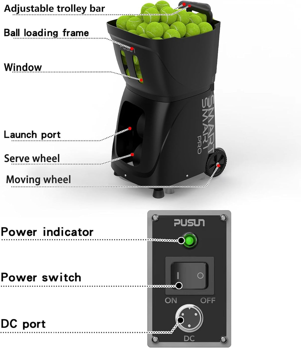 Smart Tennis Ball Machine PT-SMART PRO - 100+ Ball Capacity, Full APP Control, Internal Spin Serve, Ideal for Training & Matches