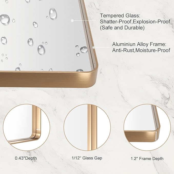 LOAAO 48”X32” Gold Bathroom Mirror, Rounded Rectangle Gold Frame Mirror