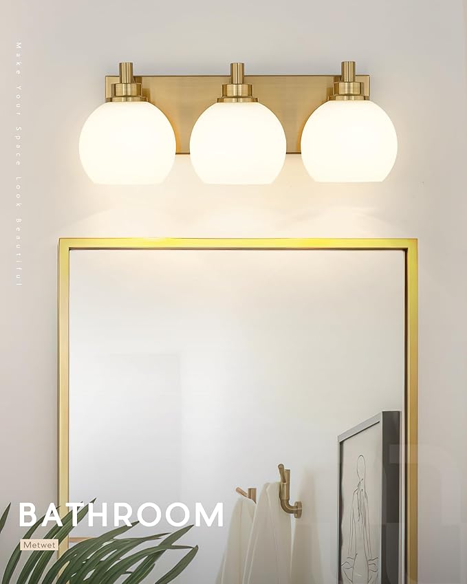 METWET Bathroom Light Fixtures, 3-Light Brushed Gold Vanity Light, Modern Wall