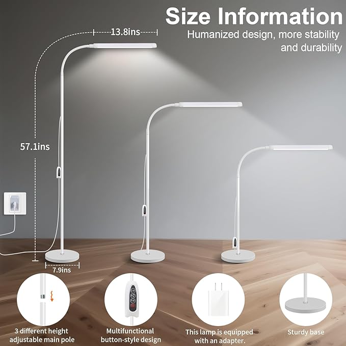 White LED Reading Floor Lamp, Bright 12W Dimmable Standing Light, Adjustable