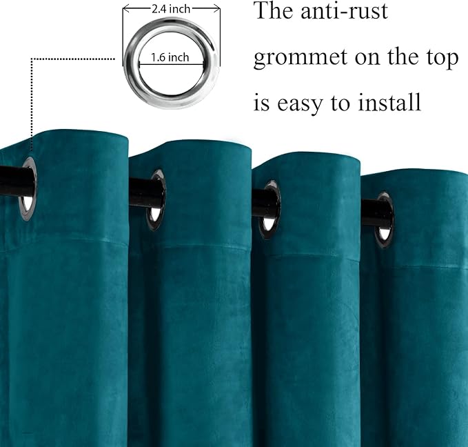 JIUZHEN Teal Velvet Curtains 72 inches Blackout Curtains (Set of 2)