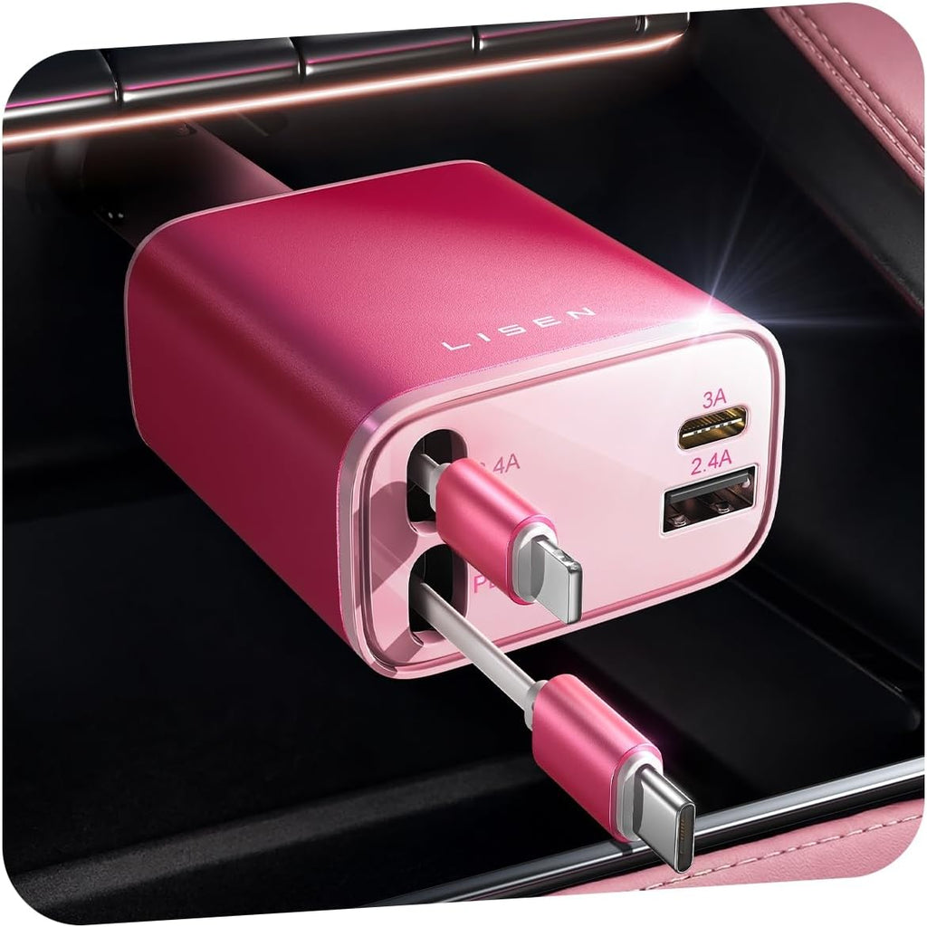 LISEN Retractable Car Charger, Pink-White