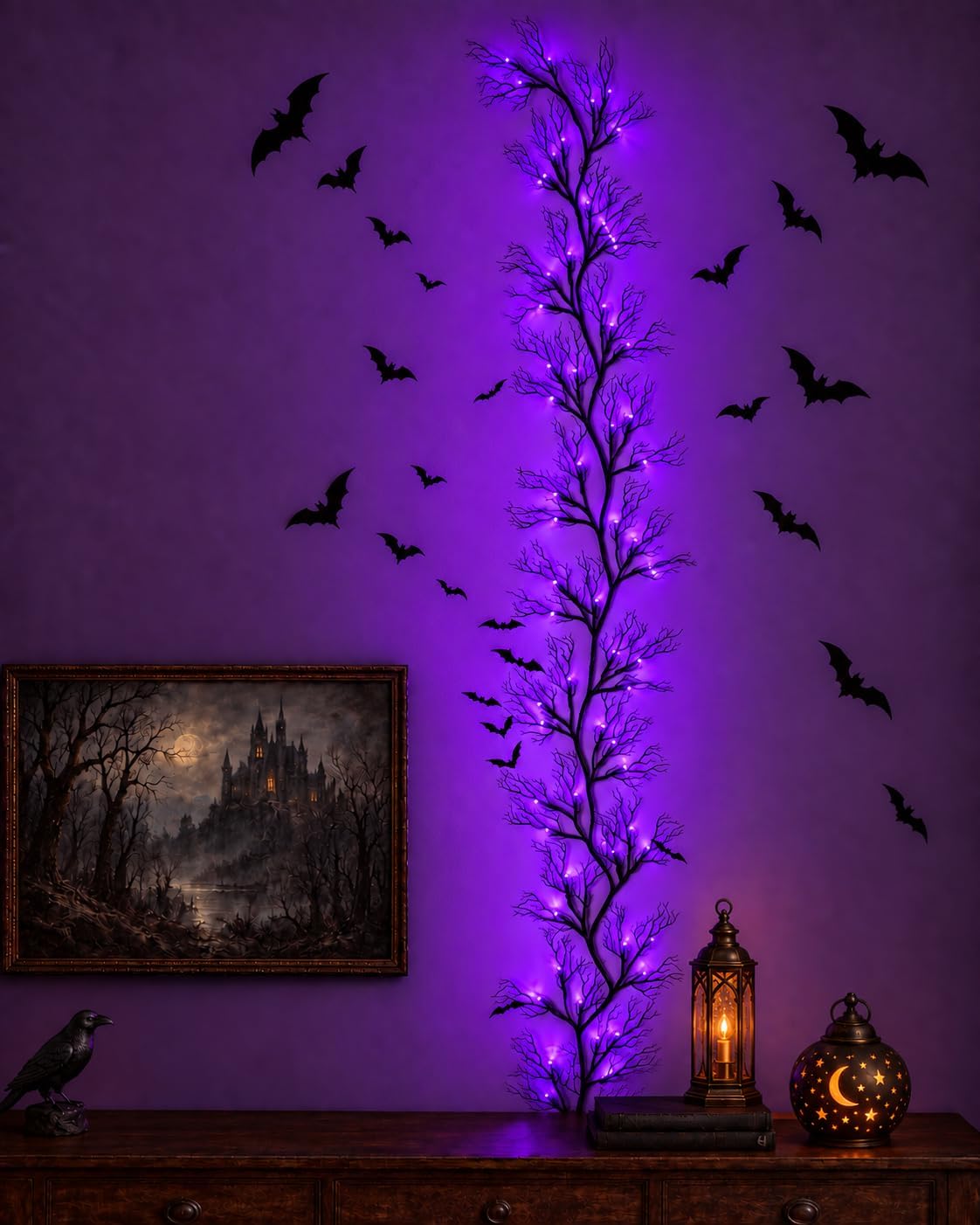 Halloween Twig Garland Decoration with 45 Purple LED Lights, 9 FT