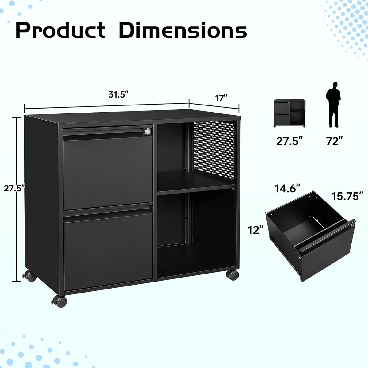 miiiko 2 drawer file cabinet with lock, metal, close-up detail