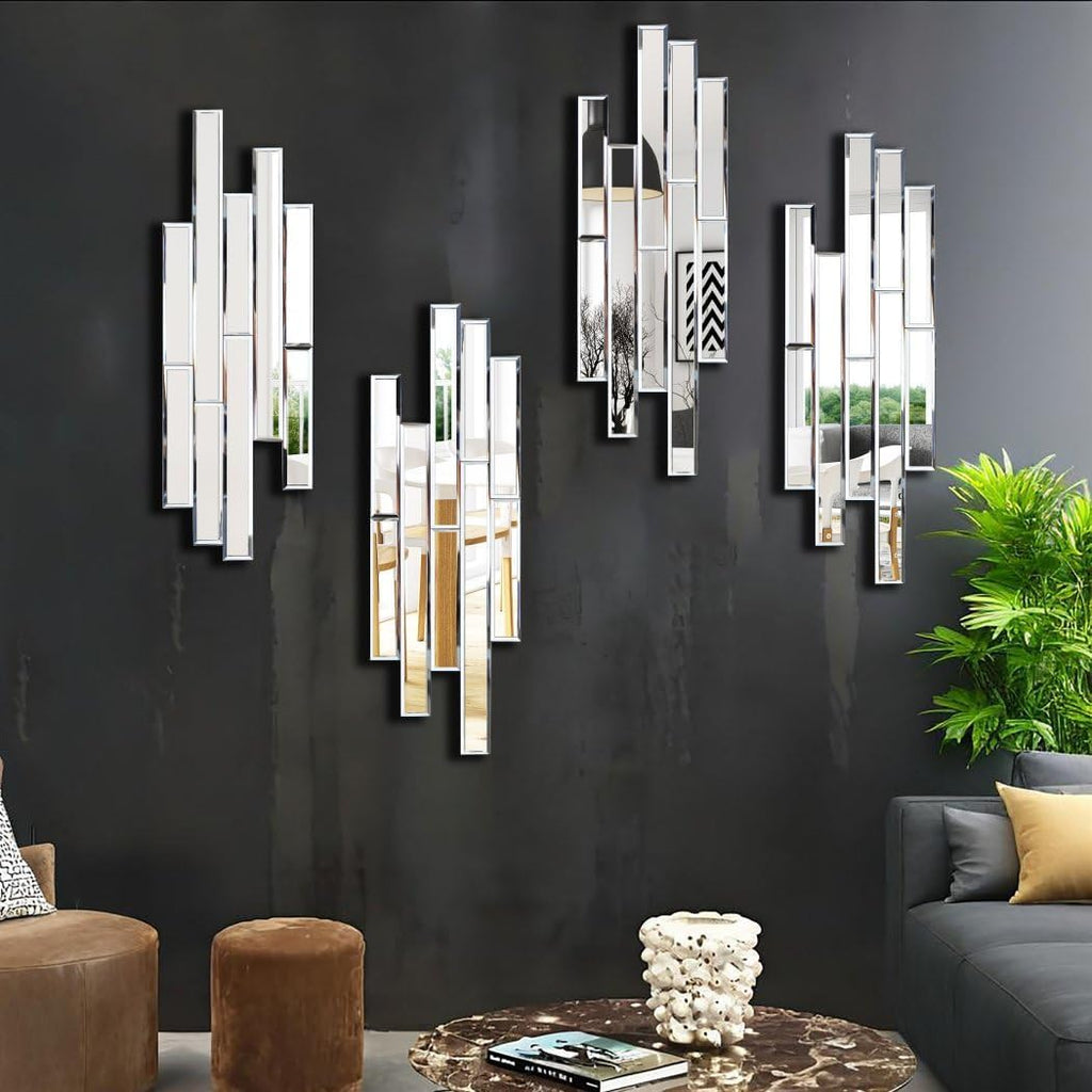 Artisan Set of 4 Silver Beveled Wall Decor Mirrors - 24x8 Inch Each, Creative Combination Design for Modern & Farmhouse Home Decor, Shatter-Resistant Glass with Wood Backing
