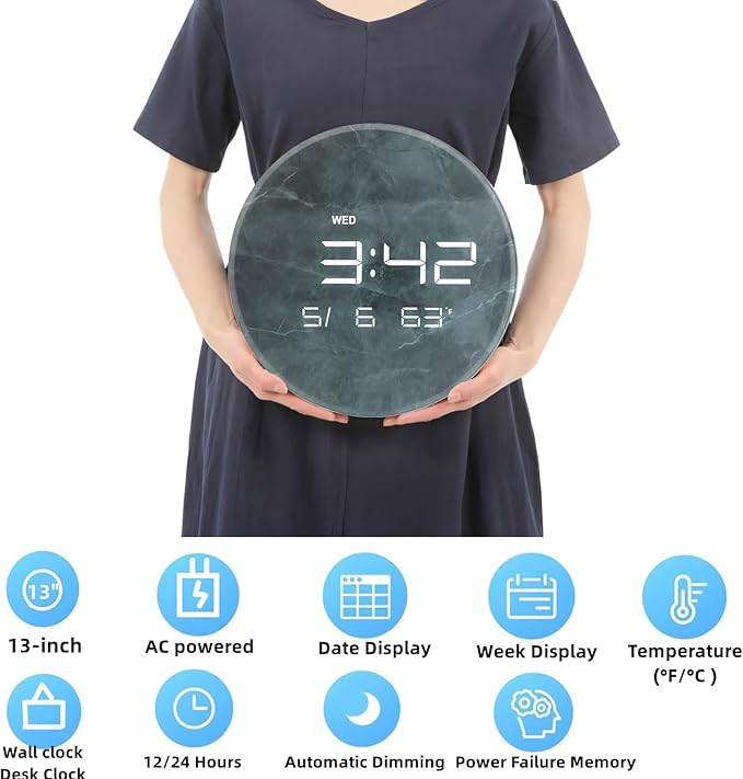 Nbdeal Digital Wall Clock with LED Display, Automatic Dimming, 12/24hr Format