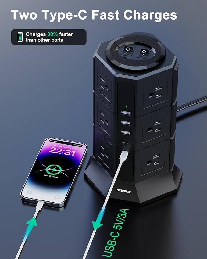 Surge Protector Power Strip Tower, 10FT Ultra Flat Extension Cord