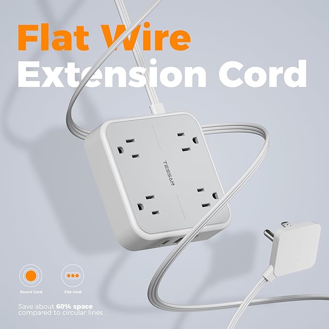 Surge Protector Long Extension Cord 25FT, TESSAN Flat Plug Power Strip