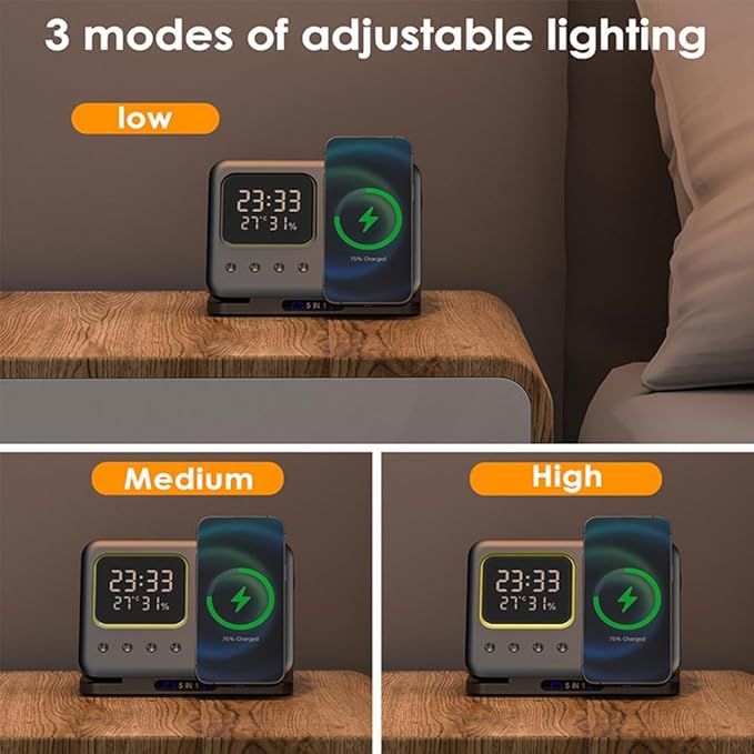 IHAO 5in1 Multi Functional Wireless Charging Station Digital Clock 15W Fast