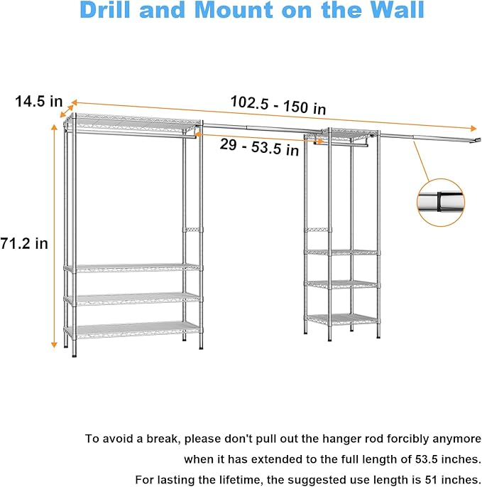 Ulif E11 Heavy-Duty Garment Rack, Metal Freestanding Clothes Rack and Closet