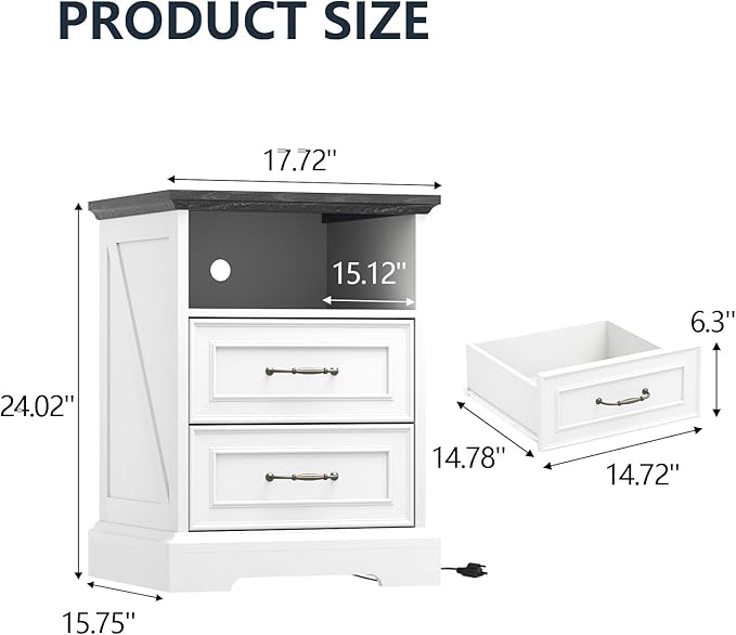 Nightstand with Charging Station, Rustic Farmhouse Wood Small Dresser, Bedside